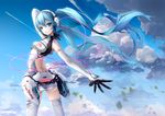  ajigo aqua_eyes aqua_hair backless_outfit bare_shoulders breasts cloud elbow_gloves eyelashes gloves goodsmile_racing hatsune_miku headphones leaves_in_wind long_hair looking_back race_queen racing_miku racing_miku_(2014) short_shorts shorts sky small_breasts solo standing text_focus thighhighs twintails very_long_hair vocaloid wire 