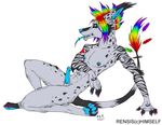  erection feathers hair kcravenyote male mohawk multicolored_hair paws piercing rainbow rainbow_hair rensis solo syringe tongue 