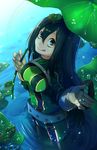  :q absurdres animal animal_on_head asui_tsuyu belt black_eyes black_hair bodysuit boku_no_hero_academia breasts closed_mouth frog frog_on_head from_above gloves green_bodysuit green_eyes hair_between_eyes hair_rings highres holding leaf leaf_umbrella lily_pad long_hair looking_at_viewer looking_up low-tied_long_hair luo_jie md5_mismatch medium_breasts on_head purple_eyes rainbow ripples smile solo standing tongue tongue_out wading water wet wet_clothes wet_hair white_gloves 