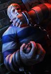  against_wall bandages blonde_hair brick_wall cameo cassio_yoshiyaki cody_travers cuffs dutch_angle edi_e final_fight final_fight_i hand_wraps handcuffs hiding highres male_focus nose photorealistic police poster_(object) prison_clothes realistic rock solo street_fighter street_fighter_iv_(series) street_fighter_zero_(series) zangief 