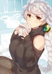  alternate_costume asymmetrical_hair baozi bare_shoulders black_legwear black_sweater blurry braid breasts casual depth_of_field eating food hair_ornament jitome kantai_collection large_breasts long_hair looking_at_viewer pantyhose ribbed_sweater silver_hair single_braid sitting solo sweater turtleneck turtleneck_sweater unryuu_(kantai_collection) very_long_hair yamaarashi yellow_eyes 