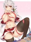  1girl admiral_(kantai_collection) alternate_costume asymmetrical_hair black_legwear black_panties blush bound bound_wrists breasts covered_nipples gradient gradient_background hair_between_eyes jitome kantai_collection large_breasts leg_lift long_hair looking_at_viewer miniskirt mouth_hold navel no_bra panties santa_costume shaded_face silver_hair sitting skirt spread_legs thighhighs thought_bubble underwear unryuu_(kantai_collection) very_long_hair yamaarashi yellow_eyes 