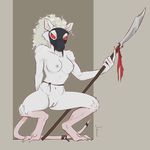  anthro breasts female fur hair ink-eyes looking_at_viewer magic_the_gathering mammal mask melee_weapon mostly_nude navel nipples polearm pussy rat red_eyes rodent signature solo spear unknown_artist unknown_artist_signature weapon white_fur white_hair 