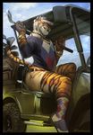  anthro clothed clothing feline golf_cart golf_club hat looking_at_viewer male mammal outside sitting smile solo tacklebox tiger 