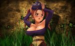  breasts cleavage corset dragon_quest dragon_quest_viii dress earrings grass highres jessica_albert jewelry large_breasts long_hair open_mouth purple_shirt red_hair shinozuka_jouji shirt slime_(dragon_quest) solo source_request third-party_edit twintails wallpaper 