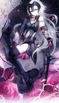  absurdres bangs bare_shoulders black_legwear blonde_hair breasts chain closed_mouth eyebrows_visible_through_hair fate/grand_order fate_(series) faulds flag fur-trimmed_legwear fur_trim greaves hand_up headpiece highres jeanne_d'arc_(alter)_(fate) jeanne_d'arc_(fate)_(all) knee_up leg_up light_smile long_hair looking_at_viewer medium_breasts moemoe3345 planted_sword planted_weapon smile solo sword thighhighs thighs very_long_hair weapon white_hair yellow_eyes 