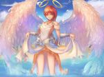  blue_sky breasts brown_eyes brown_hair dated day double_halo dress dress_lift droplet halo highres jewelry long_hair looking_at_viewer necklace orange_skirt sideboob skirt sky small_breasts solo standing very_long_hair wading water white_wings wings yan_guang_aoxiang 