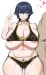  1boy 1girl areola_slip bikini blue_hair breasts huge_breasts kunaboto persona persona_4 shirogane_naoto short_hair thick_thighs wide_hips 