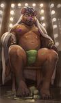  anthro bulge clothing facial_piercing hyena looking_at_viewer male mammal mirror nipples nose_piercing piercing sitting slightly_chubby smile solo tacklebox underwear 