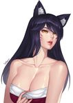  absurdres ahri animal_ears bangs bare_arms bare_shoulders black_hair breasts cleavage clothes_pull collarbone commentary_request dress fingernails fox_ears highres karmiel korean_clothes large_breasts league_of_legends lips long_fingernails long_hair looking_at_viewer nail_polish parted_lips pulled_by_self red_nails sharp_fingernails slit_pupils smile solo strapless strapless_dress swept_bangs tube_dress upper_body whisker_markings yellow_eyes 