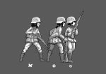  3girls ammunition_pouch boots commentary english_commentary erica_(naze1940) gun helmet military military_uniform multiple_girls original pouch rifle simple_background soldier standing uniform weapon world_war_ii 