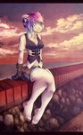  anthro barefoot black_bars breasts clothed clothing day detailed_background dragon female gradient_hair outside pink_eyes punxsimon sitting smile solo 
