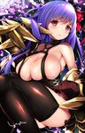  :o alternate_legwear artist_name bangs black_legwear blush bow breasts cisyo claw_(weapon) cleavage commentary_request eyebrows_visible_through_hair fate/extra fate/extra_ccc fate_(series) floral_background hair_bow highres large_breasts long_hair parted_lips passion_lip purple_eyes purple_hair red_bow signature solo thighhighs thighs twitter_username weapon 