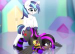  2017 absurd_res blue_hair blush clothing cutie_mark duo equine eyewear fan_character friendship_is_magic fur glasses hair hi_res horn inside legwear licking licking_lips looking_at_viewer male male/male mammal multicolored_hair my_little_pony n0nnny open_mouth pegasus penis plushie purple_eyes sex shining_armor_(mlp) striped_legwear stripes tongue tongue_out two_tone_hair unicorn white_fur wings 