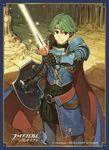  alm_(fire_emblem) armor bangs cape circlet company_connection copyright_name falchion_(fire_emblem) fire_emblem fire_emblem_cipher fire_emblem_echoes:_mou_hitori_no_eiyuuou gauntlets gloves green_eyes green_hair hidari_(left_side) holding holding_sword holding_weapon left-handed logo looking_at_viewer male_focus official_art shield shoulder_armor shoulder_pads smile solo sword weapon 
