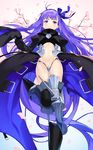  armor blush boots breasts cherry_blossoms commentary_request crotch_plate fate/extra fate/extra_ccc fate/grand_order fate_(series) hair_ribbon highres long_hair looking_at_viewer meltlilith nanotaro navel petals purple_eyes purple_hair revealing_clothes ribbon small_breasts solo thighhighs very_long_hair 