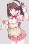  alternate_costume apron blush breasts brown_eyes brown_hair cowboy_shot dress embarrassed enmaided fang fang_out grey_background highres holding holding_panties kantai_collection looking_at_viewer magatama maid maid_apron maid_headdress panties panties_removed puffy_short_sleeves puffy_sleeves ryuujou_(kantai_collection) short_dress short_sleeves small_breasts solo thighs twintails underwear uousa-ou waist_apron wrist_cuffs 
