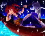  artist_name ayla_kazemi boat breasts cleavage coin dress hair_bobbles hair_ornament highres hitodama large_breasts looking_away obi onozuka_komachi puffy_sleeves red_eyes red_hair sash scythe short_sleeves sitting smile socks solo touhou two_side_up water watercraft watermark web_address white_legwear 