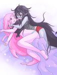  adventure_time black_hair blue_panties blush grey_skin highres long_hair marceline_abadeer multiple_girls navel no_pants panties pink_hair pink_skin princess_bonnibel_bubblegum red_eyes red_panties tiara underwear yuri 