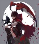  1girl bird boots cape corset dress long_sleeves moon puffy_long_sleeves puffy_sleeves ruby_rose rwby scythe short_hair silver_eyes solo thighhighs weapon 