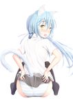  animal_ears ass bangs black_legwear blue_hair blue_panties blush cat_ears cat_girl cat_tail collared_shirt commentary_request embarrassed eyebrows_visible_through_hair hair_between_eyes hands_on_own_ass highres long_hair looking_at_viewer looking_back low_twintails mochiyuki nose_blush open_mouth original panties shirt short_sleeves simple_background sitting solo striped striped_panties tail thighhighs twintails underwear upskirt white_background white_panties white_shirt yellow_eyes 
