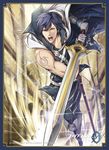  armor bangs belt blue_eyes blue_hair boots cape company_connection copyright_name fire_emblem fire_emblem:_kakusei fire_emblem_cipher gloves holding holding_weapon indoors knee_boots krom logo male_focus official_art open_mouth pants sheath shiny shoulder_armor sleeveless solo sword tattoo weapon white_cape yamada_koutarou 