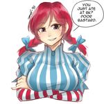  absurdres black_eyes braid breast_hold breasts crossed_arms dress english freckles highres large_breasts long_sleeves looking_at_viewer nas_(z666ful) red_hair short_over_long_sleeves short_sleeves sketch smug solo speech_bubble striped striped_sleeves twin_braids upper_body vertical-striped_dress vertical_stripes wendy's wendy_(wendy's) 