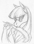  anthro breasts bust_portrait cleavage clothed clothing david_a_cantero equine eyewear feathers female glasses greyscale hi_res holding_object horse looking_at_viewer loose_feather mammal monochrome portrait quill shirt sketch solo 