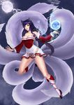  absurdres ahri animal_ears bare_shoulders black_hair braid breasts cleavage detached_sleeves dress energy_ball fox_ears fox_tail full_body highres karmiel korean_clothes league_of_legends long_hair long_sleeves looking_at_viewer medium_breasts multiple_tails parted_lips short_dress single_braid slit_pupils smile solo strapless strapless_dress tail tube_dress very_long_hair whisker_markings yellow_eyes 