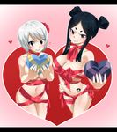  2girls blue_hair breasts collar fairy_tail gaston18 hair_ornament heart large_breasts long_hair looking_at_viewer makeup minerva_orlando multiple_girls naughty_face navel no_panties open_mouth ribbon short_hair smile tape twintails white_hair yukino_aguria 