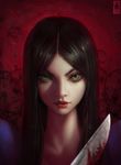  alice:_madness_returns alice_(wonderland) alice_in_wonderland american_mcgee's_alice banned_artist black_hair blood close-up closed_mouth dress face green_eyes highres knife lips long_hair looking_at_viewer paul_kwon photorealistic realistic smile solo weapon 