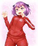  1girl alternate_costume bangs blush bob_cut commentary_request d: double_vertical_stripe embarrassed fangs fate/grand_order fate_(series) fingernails flat_chest flying_sweatdrops furrowed_eyebrows hands_up helena_blavatsky_(fate/grand_order) jacket long_sleeves looking_at_viewer open_mouth pants pocket purple_eyes purple_hair red_jacket red_pants short_hair solo surprised_arms track_jacket track_suit turtleneck wide-eyed yarareimu 