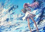  bad_id bad_pixiv_id bangs barefoot blue_sky cloud cloudy_sky crying crying_with_eyes_open dark_skin day dress dutch_angle faux_traditional_media floating_hair full_body hair_ribbon long_hair long_sleeves pink_hair purple_eyes ribbon rin_(shelter) scenery shelter_(music_video) sky solo standing standing_on_liquid swav tears white_ribbon 