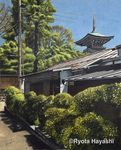  building bush colored_pencil_(medium) commentary_request dated day hayashi_ryouta house landscape no_humans original outdoors pagoda power_lines real_world_location scenery signature sky tokyo_(city) traditional_media tree watermark 
