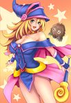  :d armpits bare_shoulders blonde_hair blush_stickers breasts capelet choker cleavage collarbone commentary_request cowboy_shot dark_magician_girl duel_monster green_eyes hat highres holding holding_staff kuriboh large_breasts long_hair looking_at_viewer open_mouth pentacle smile staff star starry_background vambraces wizard_hat yashichii yuu-gi-ou 