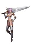  &gt;:( absurdres armor armpits bikini_armor boots braid breasts closed_mouth frown full_body greaves hair_over_one_eye hair_over_shoulder hand_on_hip high_heel_boots high_heels highres holding holding_sword holding_weapon huge_weapon karmiel knight lavender_hair long_hair looking_at_viewer medium_breasts navel original over_shoulder pauldrons serious single_braid solo standing stomach sword thigh_boots thighhighs v-shaped_eyebrows vambraces weapon weapon_over_shoulder yellow_eyes 