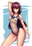  absurdres arm_behind_head brown_hair highres long_hair looking_at_viewer navel nekosama_shugyouchuu no_nipples one-piece_swimsuit original red_eyes see-through smile solo swimsuit 