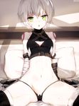  bandaged_arm bandages bare_shoulders black_legwear black_panties blush breasts detached_sleeves dyolf fate/apocrypha fate/grand_order fate_(series) green_eyes highleg highleg_panties jack_the_ripper_(fate/apocrypha) looking_at_viewer navel open_mouth panties shirt short_hair silver_hair sitting sleeveless sleeveless_shirt small_breasts solo spread_legs thighhighs thighs underwear 
