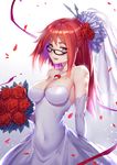  bare_shoulders commission dress elbow_gloves flower glasses gloves hair_flower hair_ornament happy jewelry karin_(naruto) long_hair naruto naruto_(series) naruto_shippuuden necklace raijuu_(bakanara) red_eyes red_flower red_hair red_ribbon ribbon simple_background wedding_dress white_dress white_gloves 