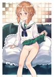  arm_support bangs bar_censor blouse blush bow bow_panties brown_eyes brown_hair censored closed_mouth couch embarrassed frilled_pillow frills girls_und_panzer green_skirt indoors long_sleeves looking_to_the_side miniskirt neckerchief nishizumi_miho no_panties ooarai_school_uniform panties pillow pleated_skirt pubic_hair school_uniform self_exposure serafuku short_hair sitting skirt skirt_lift solo subachi sweat sweatdrop tan tanline underwear wavy_mouth white_blouse 
