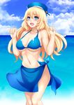  :d alternate_costume armpits atago_(kantai_collection) bangs bare_arms bare_shoulders beach beret bikini blonde_hair blue_bikini blue_eyes blue_sky blush breasts cleavage cloud cloudy_sky collarbone commentary_request cowboy_shot day groin hair_between_eyes halter_top halterneck hat highres kantai_collection large_breasts legs_together long_hair looking_at_viewer navel open_mouth outdoors sarong sky smile solo stomach swimsuit yashichii 