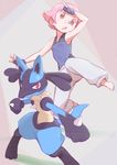  bandaid bandaid_on_nose blue_gloves blush commentary_request fingerless_gloves gen_4_pokemon gloves highres looking_at_viewer looking_away lucario okayparium open_mouth pink_eyes pink_hair pokemon pokemon_(creature) pokemon_(game) red_eyes short_hair sleeveless sumomo_(pokemon) 