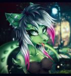  anthro breasts clothed clothing ear_piercing eyelashes female green_eyes green_skin grey_hair hair lizard looing_at_viewer open_mouth piercing punxsimon reptile scalie solo tongue 