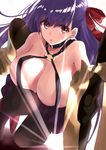  bangs bare_shoulders black_legwear breasts claws cleavage commentary_request fate/extra fate/extra_ccc fate_(series) hair_ribbon large_breasts long_hair o-ring o-ring_top pantyhose parted_lips passion_lip purple_hair red_eyes red_ribbon revealing_clothes ribbon shunichi solo sunburst very_long_hair 