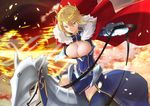  ahoge armor artoria_pendragon_(all) artoria_pendragon_(lancer) blonde_hair blue_eyes blush braid breasts bursting_breasts cape cleavage closed_mouth crown dun_stallion evening fate/grand_order fate_(series) fur_trim gauntlets greaves hair_between_eyes highres holding horse horseback_riding jamg336 lance large_breasts leg_armor long_hair looking_at_viewer no_panties outdoors pelvic_curtain polearm rhongomyniad riding shiny shiny_hair sidelocks solo spear spread_legs thighhighs tied_hair twitter_username weapon 