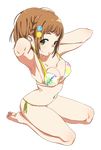  armpits bare_arms bare_legs barefoot bikini bouen breasts brown_eyes brown_hair commentary_request feet full_body highres idolmaster idolmaster_cinderella_girls kitami_yuzu looking_at_viewer medium_breasts navel open_mouth print_bikini seiza side-tie_bikini sitting soles solo swimsuit toes transparent_background 