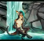  4_toes 5_fingers anthro black_bars blue_hair day detailed_background digitigrade ear_piercing hair male nude outside partially_submerged piercing punxsimon sitting solo toes water waterfall 