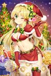  ;3 bell blonde_hair bow box breasts character_request christmas christmas_tree coin copyright_request eyebrows_visible_through_hair fur_trim garter_straps gift gift_box gloves green_eyes hair_bell hair_ornament hat heart heart-shaped_pupils jingle_bell long_hair looking_at_viewer medium_breasts midriff mvv navel pom_pom_(clothes) red_gloves red_legwear red_skirt santa_costume santa_gloves santa_hat side_slit skirt solo sparkle symbol-shaped_pupils thighhighs 