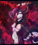  5_fingers anthro black_bars black_fur blood breasts canine featureless_crotch female fur holding_object holding_weapon knife mammal navel nipples nude punxsimon purple_eyes smile solo standing teeth weapon white_fur wide_hips wolf 