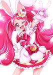  ;d absurdres animal_ears bow bunny_ears cake_hair_ornament choker cowboy_shot cure_whip duplicate earrings extra_ears food food_themed_hair_ornament fruit gloves hair_ornament hairband highres jewelry kirakira_precure_a_la_mode layered_skirt long_hair looking_at_viewer magical_girl one_eye_closed open_mouth pink_bow pink_choker pink_eyes pink_hair precure red_hairband sharumon skirt smile solo strawberry twintails usami_ichika v white_background white_gloves white_skirt 